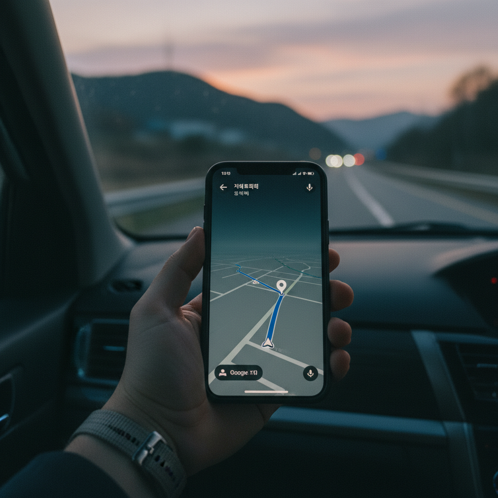 A close-up shot of a smartphone screen showing a darkened Google Maps interface with only essential navigation details highlighted. A Korean hand is holding the phone, possibly during a long journey. The background shows a car interior or outdoor travel scene. Lifestyle photography, subtle lighting, no visible text. Gradient background.