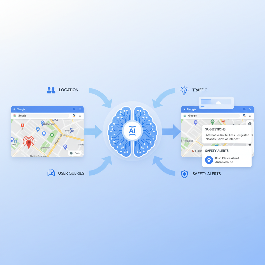 An infographic showing Google Maps interface integrating with Gemini AI. Data points like location, traffic, and user queries flow into an AI brain icon, and then back to the map with suggestions and safety alerts. Clean, modern design. Style: clean infographic, no text in image.