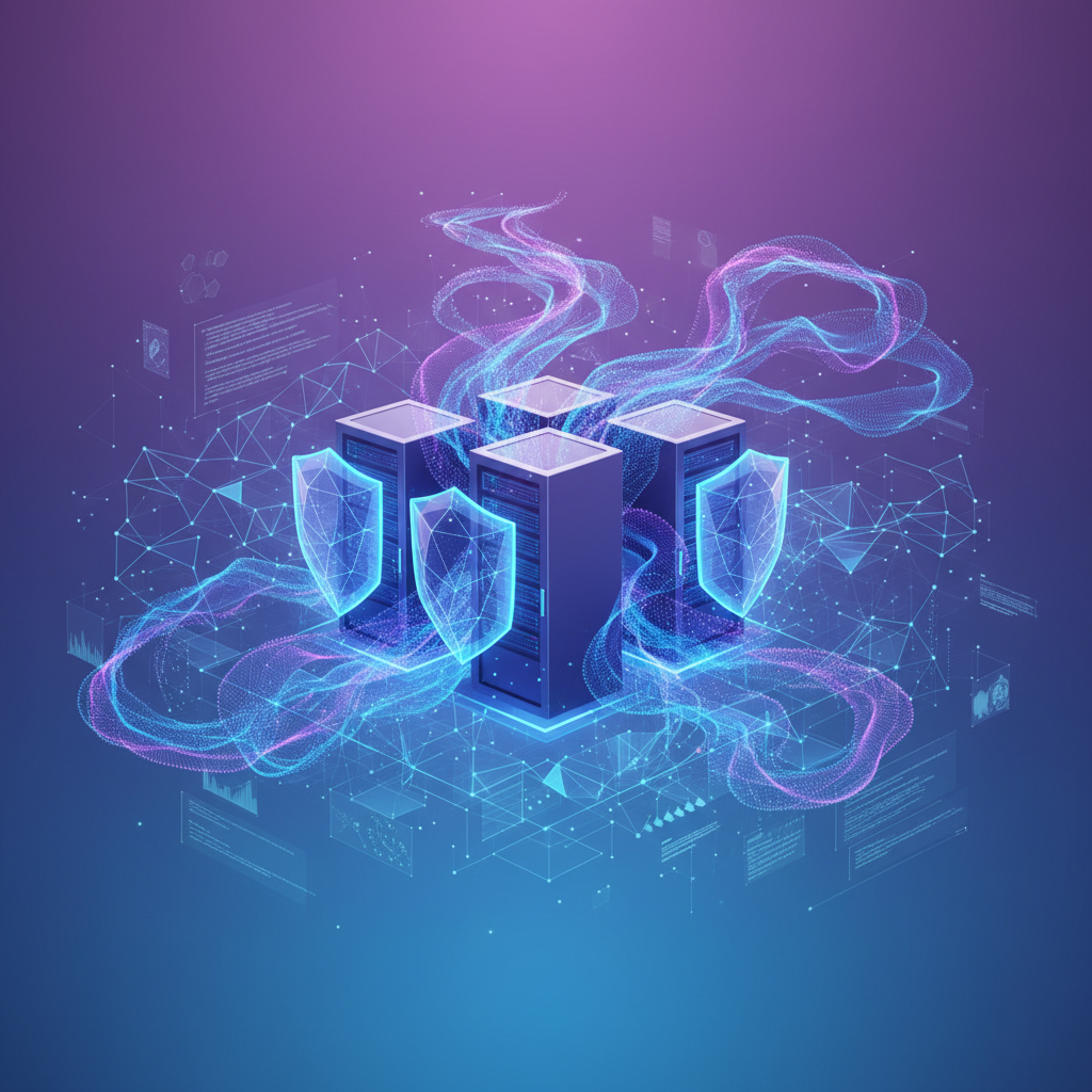 Modern cloud computing concept with secure encryption visualization, showing abstract data flow through protected servers with glowing blue and purple gradient background, futuristic technology atmosphere, centered composition with layered digital elements, soft ambient lighting, no text