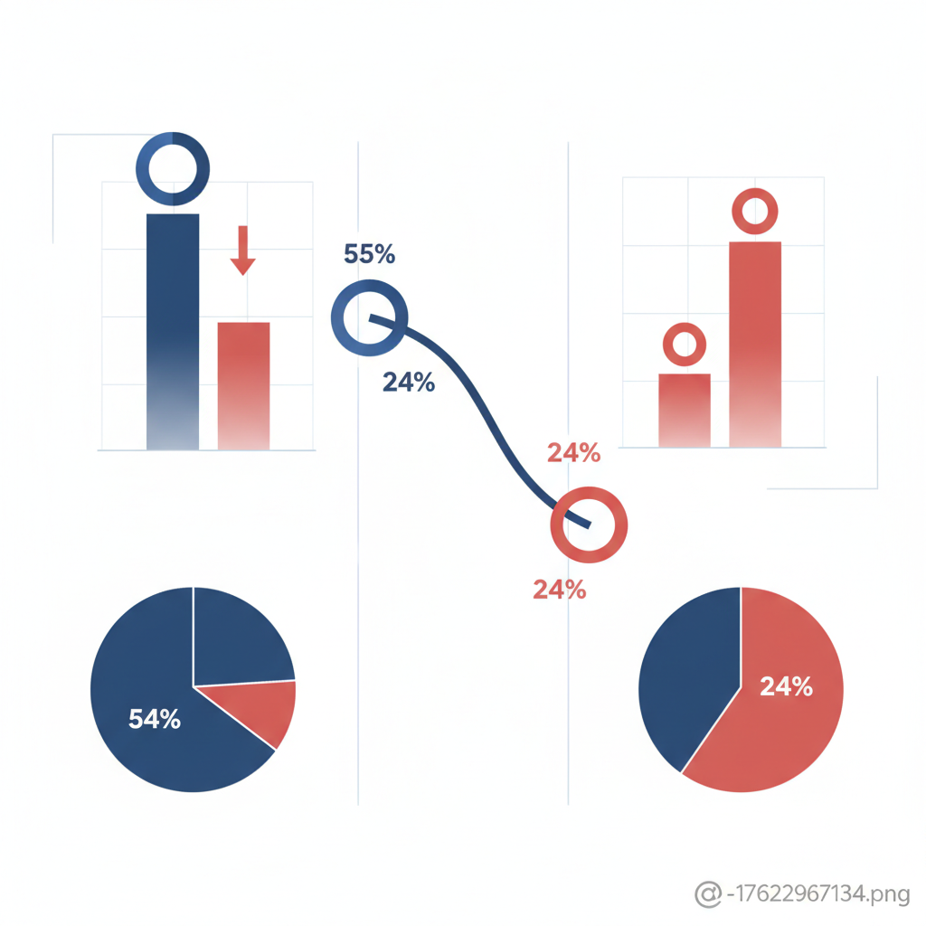 Clean infographic showing declining website traffic statistics from Google search, with charts and graphs displaying the drop from 54% to 24%, professional business analytics style, blue and red color scheme, no text
