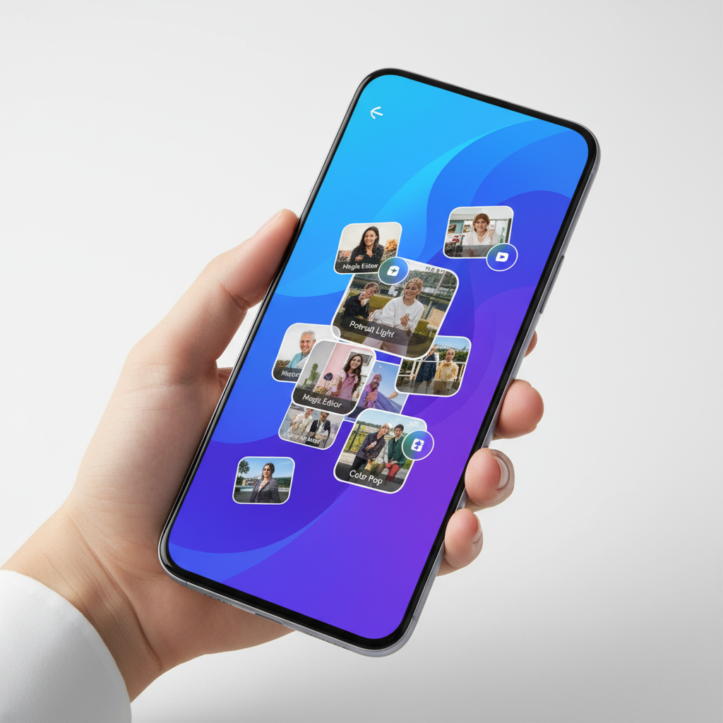 Modern smartphone displaying Google Photos app interface with AI editing features, colorful gradient background, floating photo thumbnails with editing icons, bright studio lighting, clean tech aesthetic, Korean user holding device naturally, vibrant blue and purple tones, no text