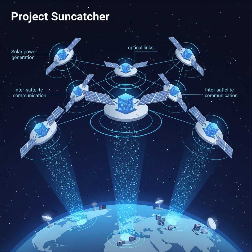 A detailed infographic illustrating Project Suncatcher. Show a constellation of solar-powered satellites in Earth's orbit, equipped with Google TPUs, connected by optical links, beaming data to Earth. Highlight the technology components. Clean infographic style. No text.