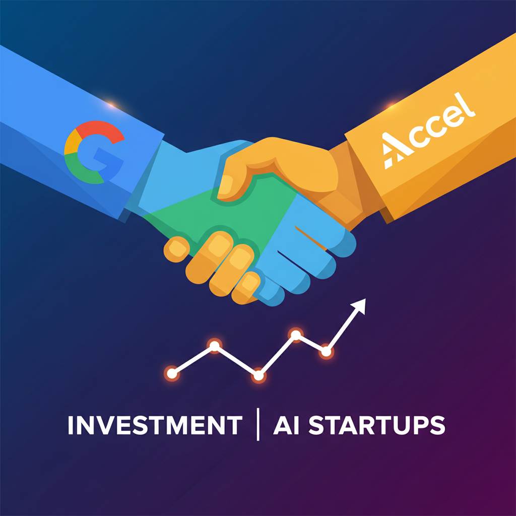 Clean infographic showing two hands (representing Google and Accel) shaking over a stylized graph, with 'Investment' and 'AI Startups' keywords, modern layout, high contrast, colored background. No visible text.