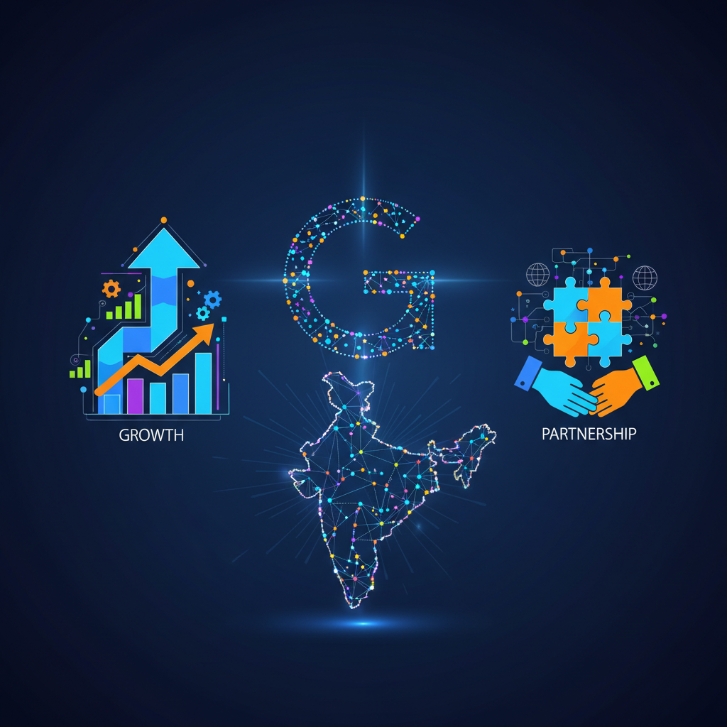 Infographic illustrating Google's investments in India, showing growth and partnership icons, with 'Google Investment' and 'India' keywords, modern layout, high contrast, colored background. No visible text.