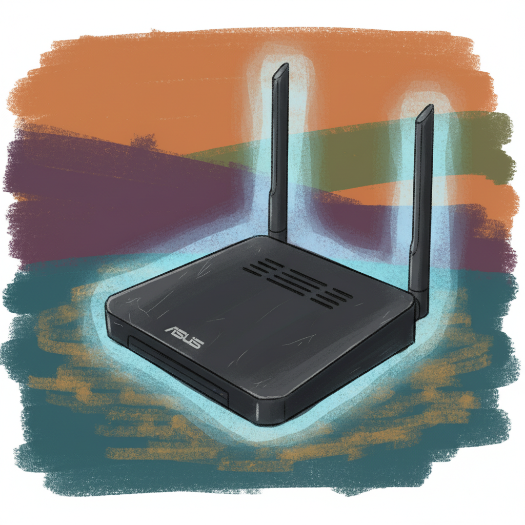 A digital illustration of an older model Asus router, slightly worn, with a subtle glow around it suggesting vulnerability. Focus on the device, natural lighting, colored background. No visible text. Style: illustration, artistic rendering, textured background