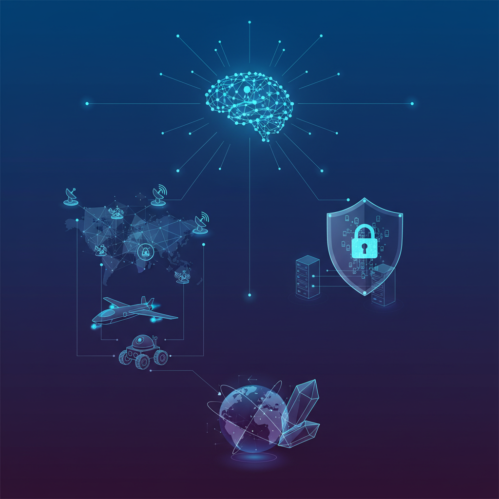 Modern infographic showing the importance of AI in defense and security. Illustrate networked military systems, autonomous vehicles, and secure data flow. Emphasize enhanced security and strategic decision-making in a digital, high-tech environment. Clean infographic, high contrast, gradient background, balanced lighting. No text.