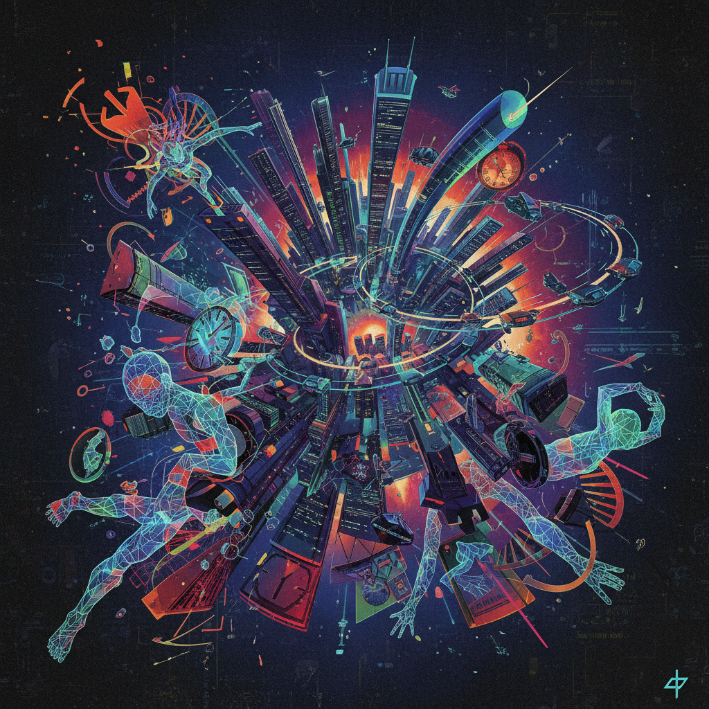 A visually rich illustration showcasing chaotic and reality-bending elements from a sci-fi movie, with a futuristic cityscape subtly distorted in the background, on a dark, textured background. No visible text.