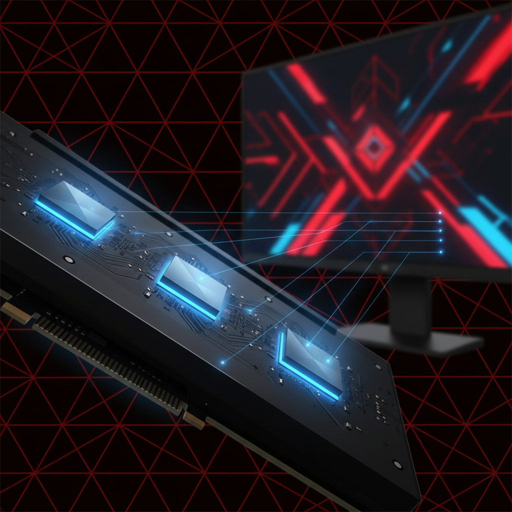 clean infographic, modern layout, high contrast, close-up on a high-performance graphics card with highlighted VRAM modules, showing a subtle connection to a gaming monitor in the background. No visible text. Geometric patterned background in red and black tones.