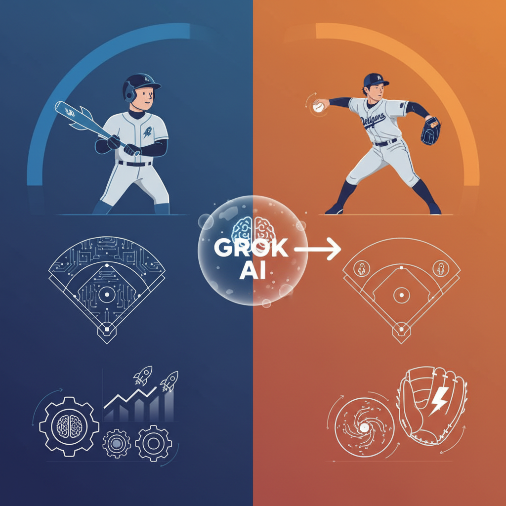 Infographic comparing Elon Musk and Shohei Ohtani in a baseball context, with Grok AI making a choice. Futuristic, clean design with clear visual representations of each person's skills. No visible text in image, colored background.