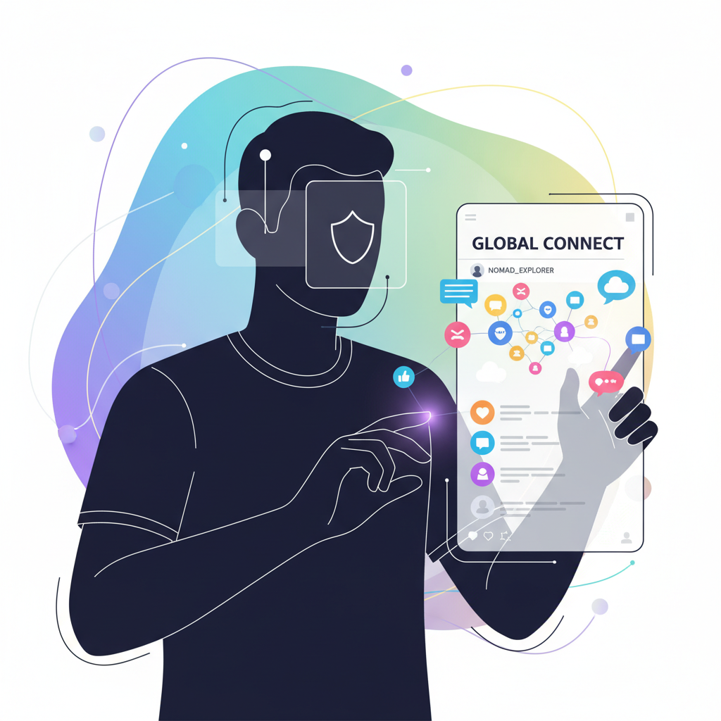 A user actively participating in a Facebook Group discussion using a nickname. The user's face is partially obscured or stylized to represent privacy, with a focus on their engaged interaction with the group content. The background suggests an online community environment. No visible text in image. If UI elements needed, English-only minimal text. Never use Korean characters. Style: clean infographic, modern layout, high contrast. Background: a blurred, colorful social media interface. Lighting: Bright, balanced lighting. Centered focus, visually rich, no empty margins.