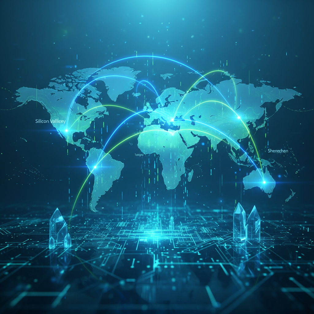 Global AI network visualization with world map showing connections between major tech hubs, digital connectivity lines, futuristic data flow representation, technology infrastructure concept, blue and green color scheme, no text