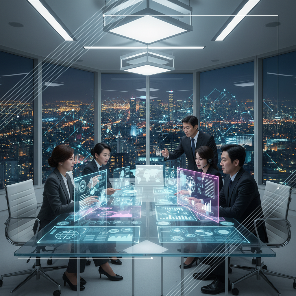 A diverse group of Korean-looking professionals collaboratively working on glowing holographic interfaces in a bright, modern office. The city lights are visible through large windows in the background, symbolizing global AI app layer development. Clean infographic style, modern layout, high contrast. No visible text.