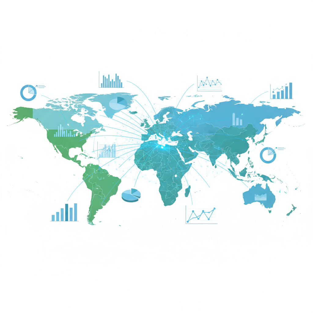 An infographic depicting a global map with various financial data points and charts emanating from different regions, with a subtle emphasis on India, symbolizing the worldwide expansion of Google Finance's AI tools. Style: clean infographic, global connectivity theme. No text in image.
