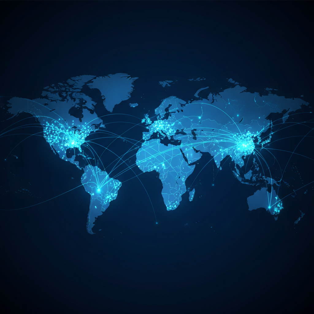 Global financial network visualization with connected nodes spanning across world map, focusing on US and India regions, modern tech illustration style with glowing connection lines, dark blue background, dynamic composition filling the frame, no text in image