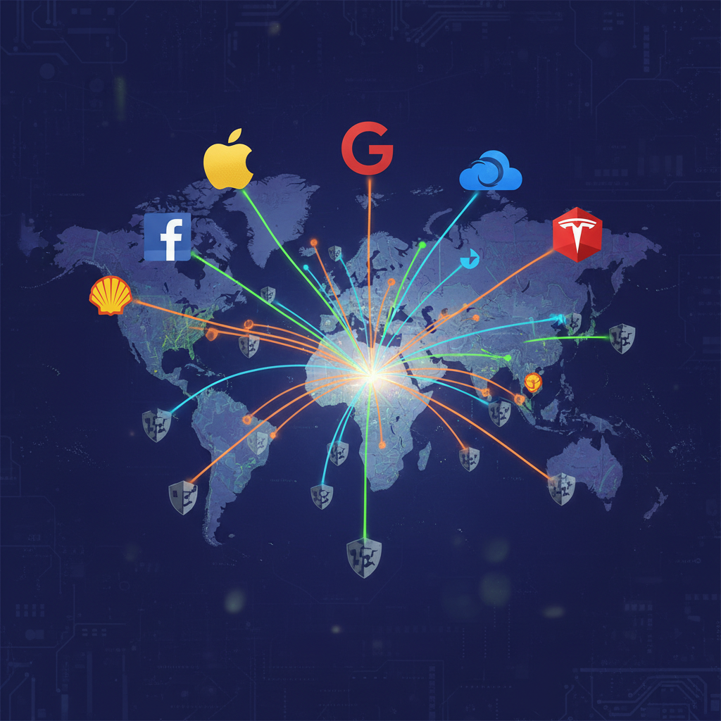 A stylized map or globe showing global tech giants (represented by their logos or abstract symbols) extending their influence over smaller nations, especially the UK, with connecting lines symbolizing data and financial flow. Use a slightly abstract, high-contrast infographic style with a sophisticated color palette and textured background. No text, visually rich.