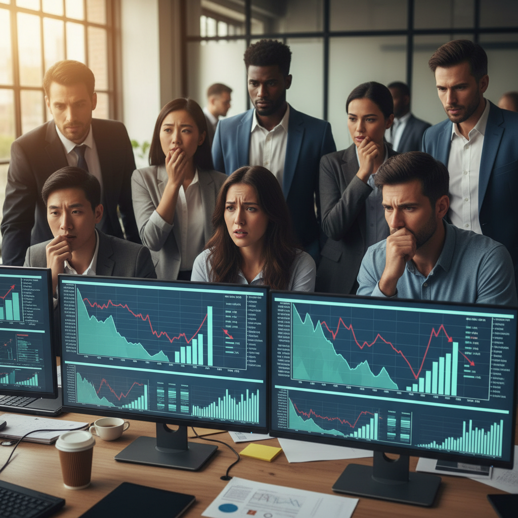 Lifestyle photography of diverse business professionals looking concerned while observing multiple digital screens displaying market data with downward trends. The setting is a modern, busy office with warm, natural lighting. Focus on human emotion and corporate struggle. No text.