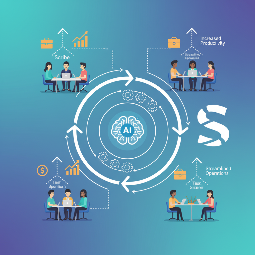 A modern infographic illustrating global corporations benefiting from Scribe, with diverse team members collaborating efficiently thanks to AI-driven workflow solutions, showing increased productivity and streamlined operations. Professional, clean design, colored background, no text.