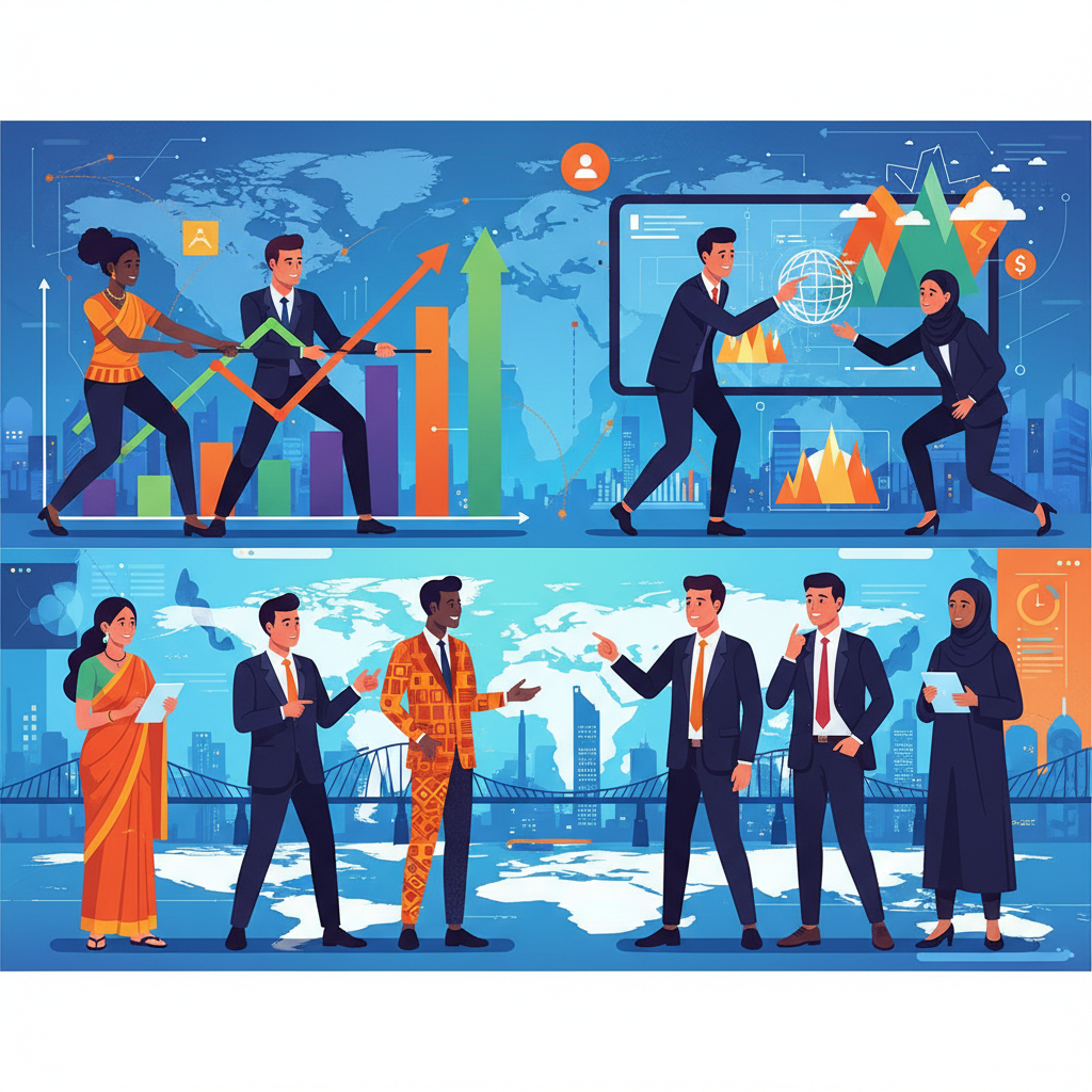 Diverse business professionals from various countries collaborating or competing in a dynamic global market setting, symbolizing geopolitical and market challenges. Emphasize interaction and diverse backgrounds. Style: modern business illustration, vibrant colors, clear lines. No visible text.