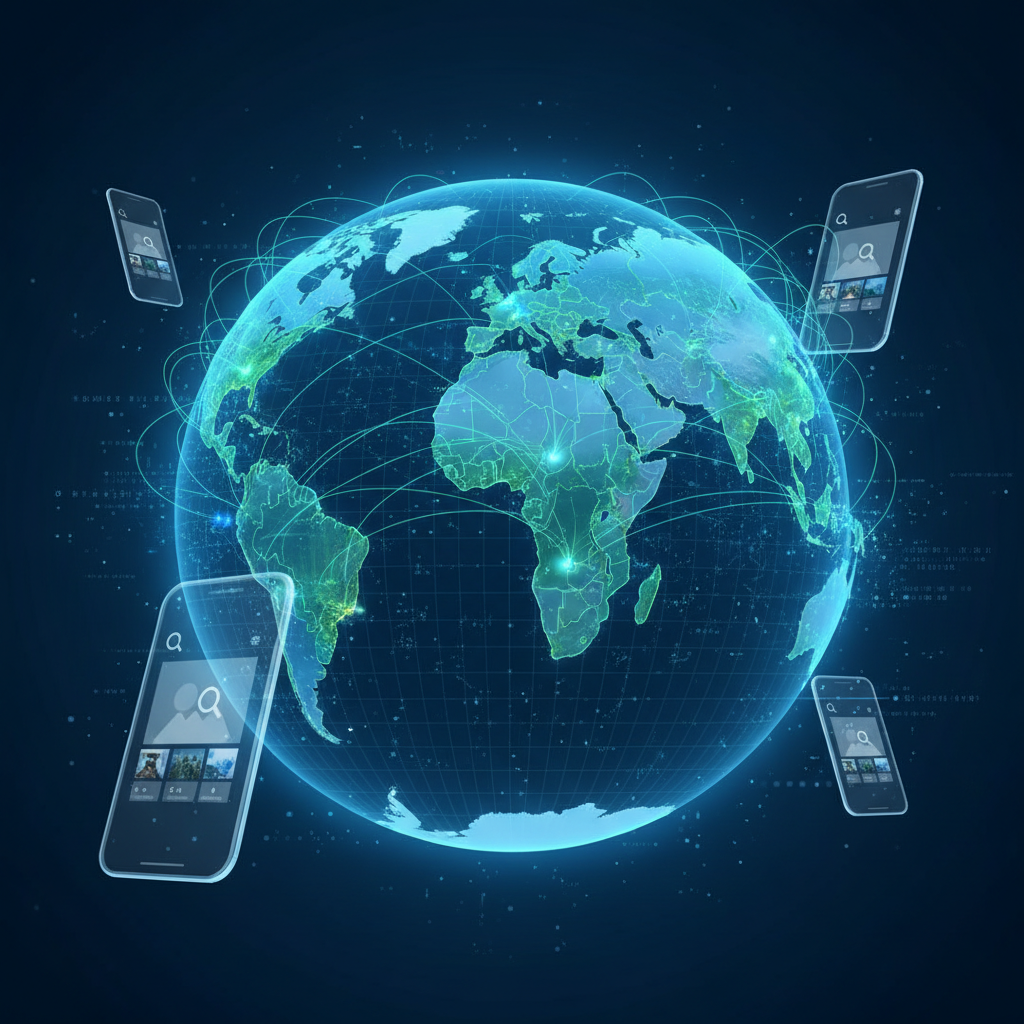 World map visualization showing Google Photos expansion across continents, glowing connection points over 100+ countries, digital network lines connecting regions, modern tech infographic style with blue and green gradient, floating smartphone icons with search interface, dynamic perspective view, vibrant lighting, no text