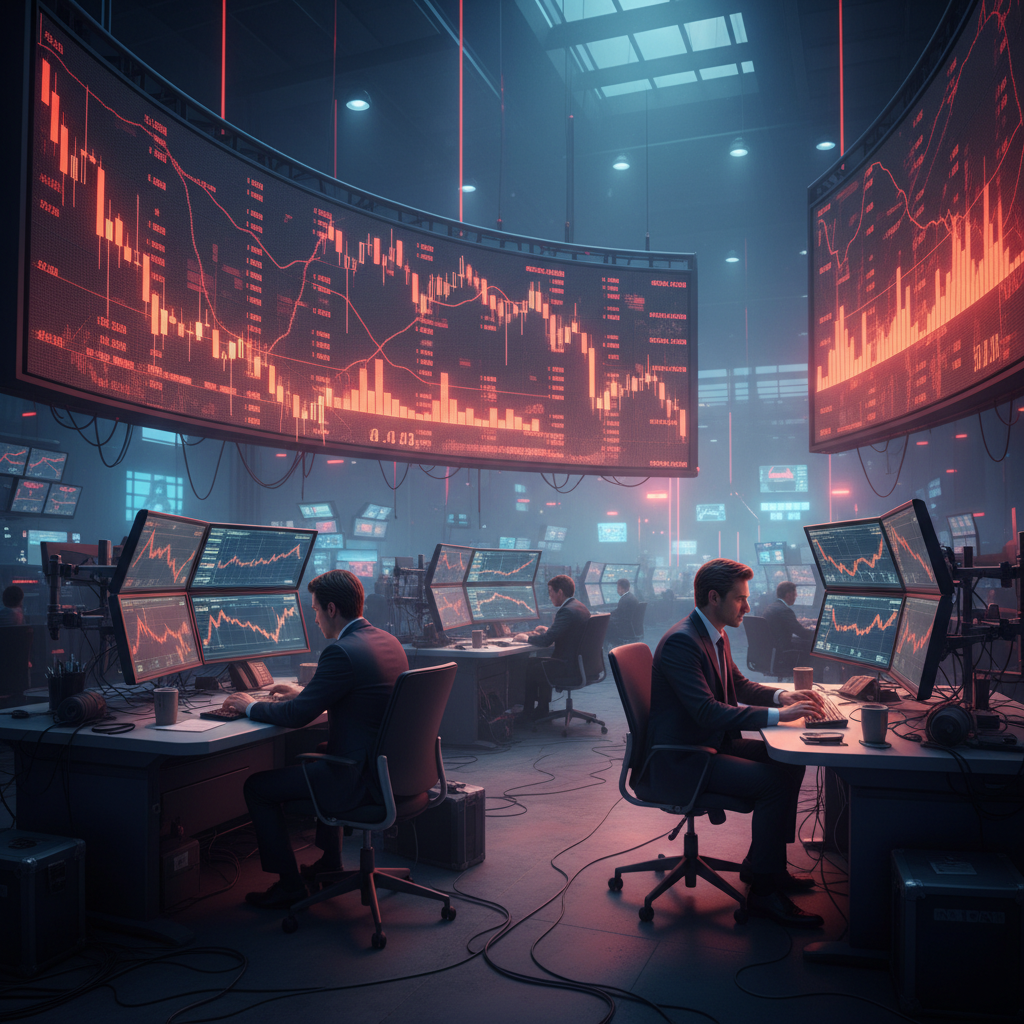 A dynamic financial market scene showing red declining stock charts and graphs on multiple digital screens in a modern trading floor, dramatic lighting with blue and red tones, high-tech atmosphere, professional traders monitoring screens, realistic photography style, no text in image