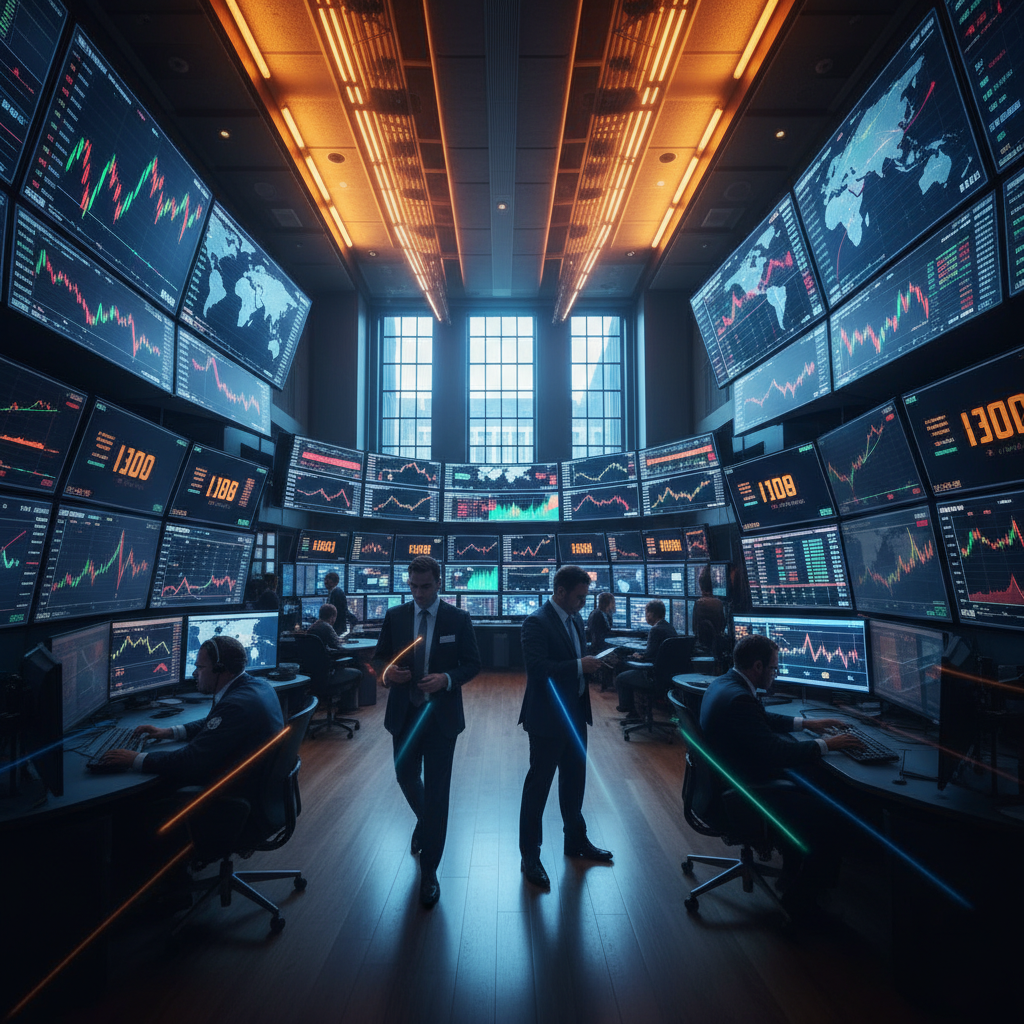 A dynamic scene showing global financial markets with multiple screens displaying various stock charts and world maps, traders working in a modern trading floor, rich amber and deep blue lighting, sense of urgency and movement, professional financial photography, no text