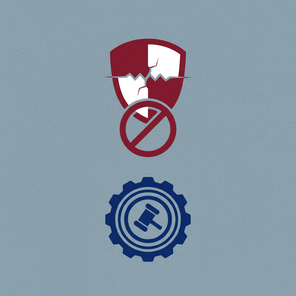 A clean, modern infographic showing a shield icon with a crack or a 'no entry' symbol, representing the lack of financial protection for AI advice. Below it, show a stylized icon of an official stamp or legal document. Use a bold, high-contrast color scheme against a textured blue-grey background. No visible text in image.