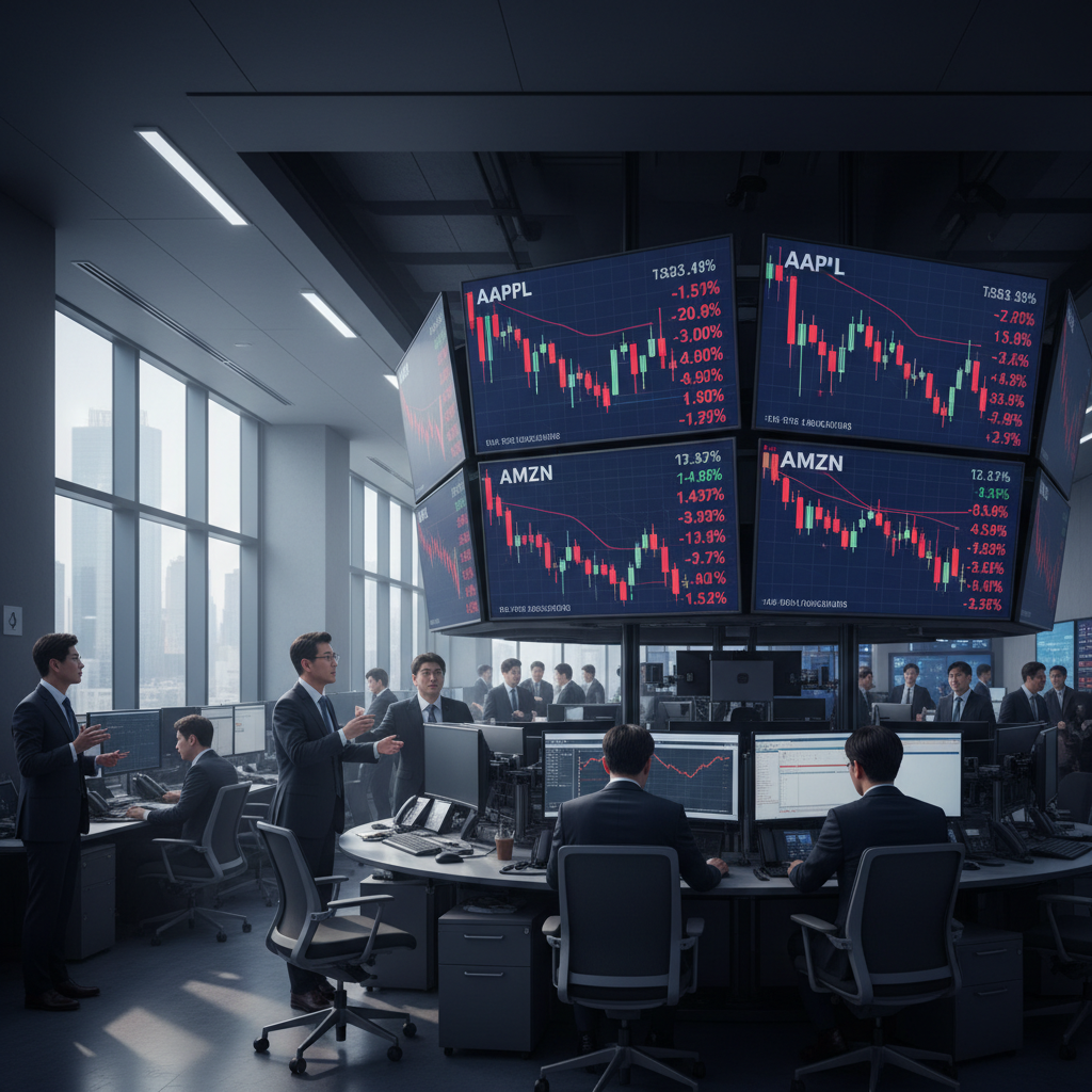 A dramatic stock market scene showing red declining graphs and charts on multiple digital screens, with a focus on technology stock tickers. Dark blue and red color scheme, professional trading floor atmosphere, realistic financial visualization, Korean business professionals in background, modern office setting, natural lighting from large windows, no text in image