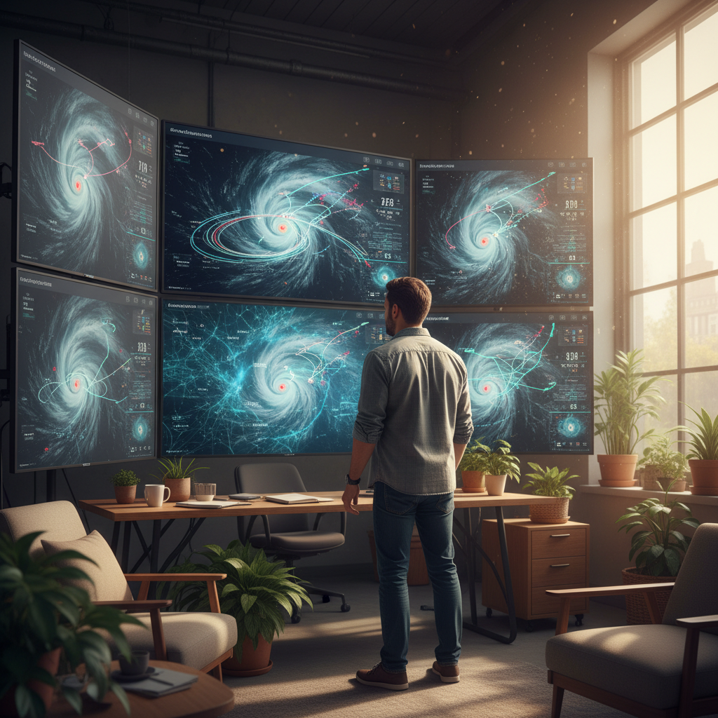 A meteorologist in a weather center, looking intently at multiple screens displaying hurricane tracks and data, with a subtle overlay of Google DeepMind's AI model interface. Style: lifestyle photography, warm lighting, natural setting. No visible text.