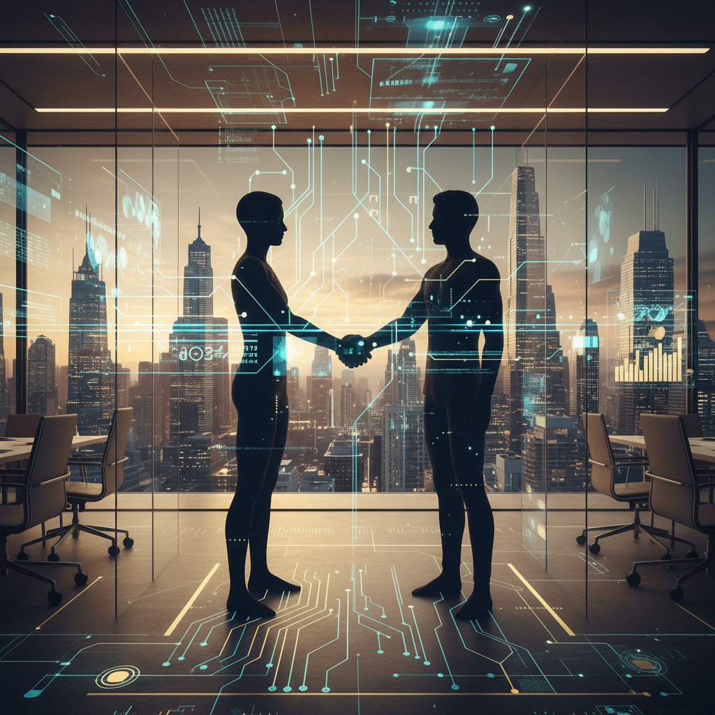Corporate partnership visualization showing two modern tech companies collaborating, handshake silhouette with digital network connections, futuristic business meeting environment, glass office interior with city skyline, warm professional lighting, blue and gold color scheme, sophisticated business atmosphere. No visible text in image.