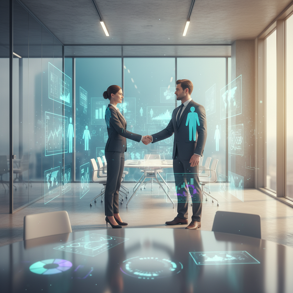 Professional business executives shaking hands in a modern office with holographic digital avatars floating around them, sleek corporate interior, natural daylight through large windows, gradient teal background, contemporary business setting, no text