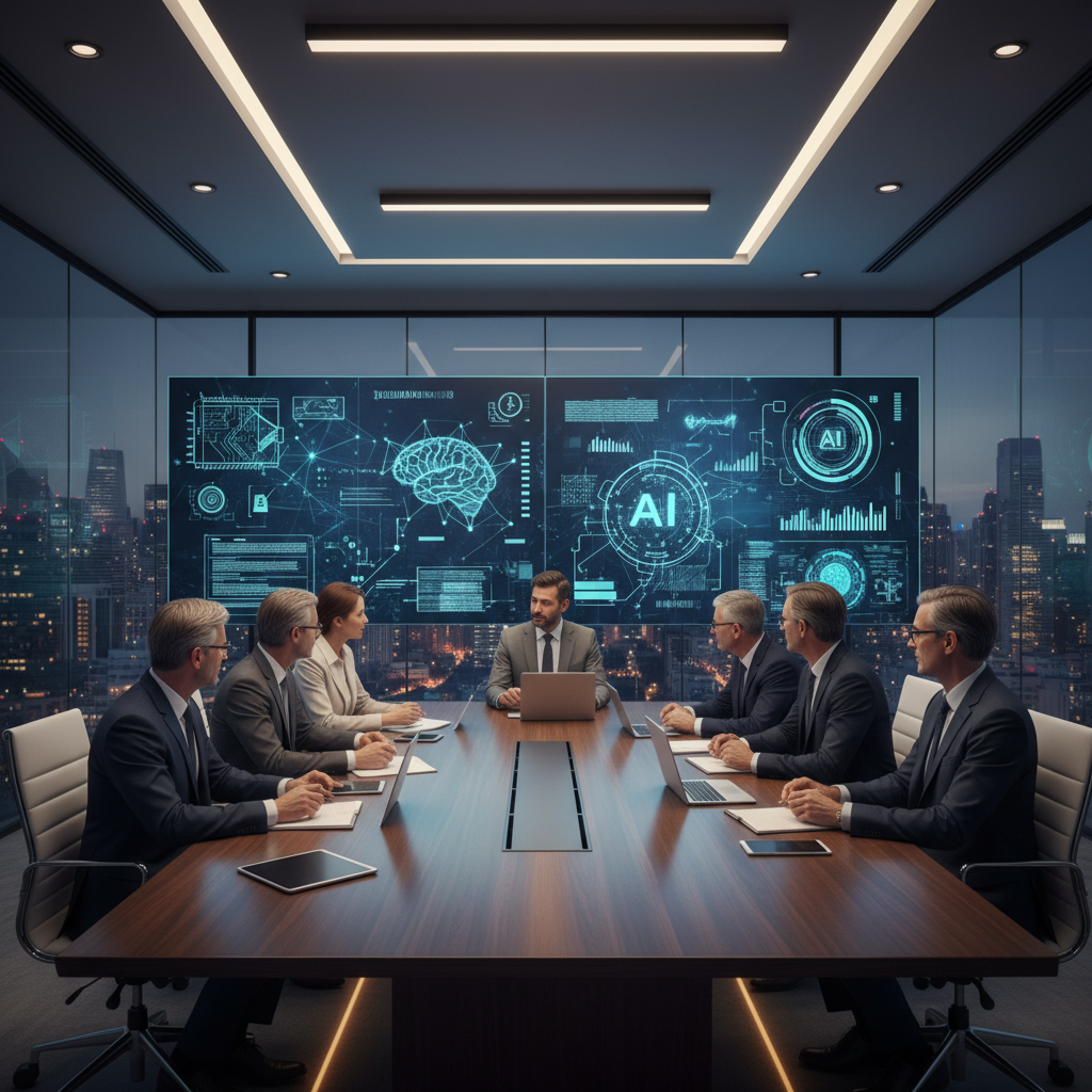Modern corporate strategy meeting room with diverse executives discussing around sleek table, large digital displays showing AI technology concepts, professional business environment, warm ambient lighting, glass walls with city view, contemporary office design, gradient gray to blue background, no text