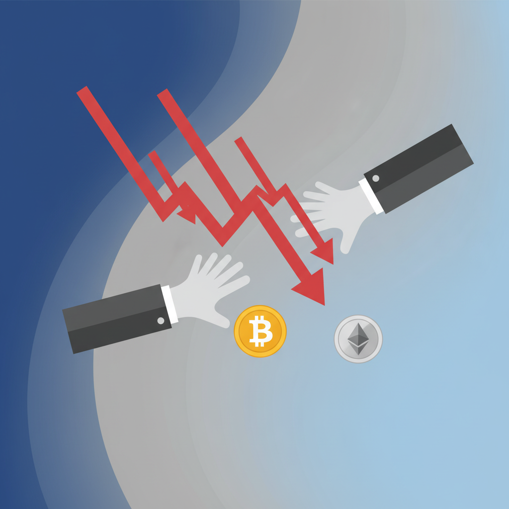 A dynamic clean infographic showing stock market charts tumbling down, with stylized crypto coins (Bitcoin, Ether) being sold off by generic corporate hands. Background has a subtle gradient of blue and grey, symbolizing market volatility. No visible text, high contrast.