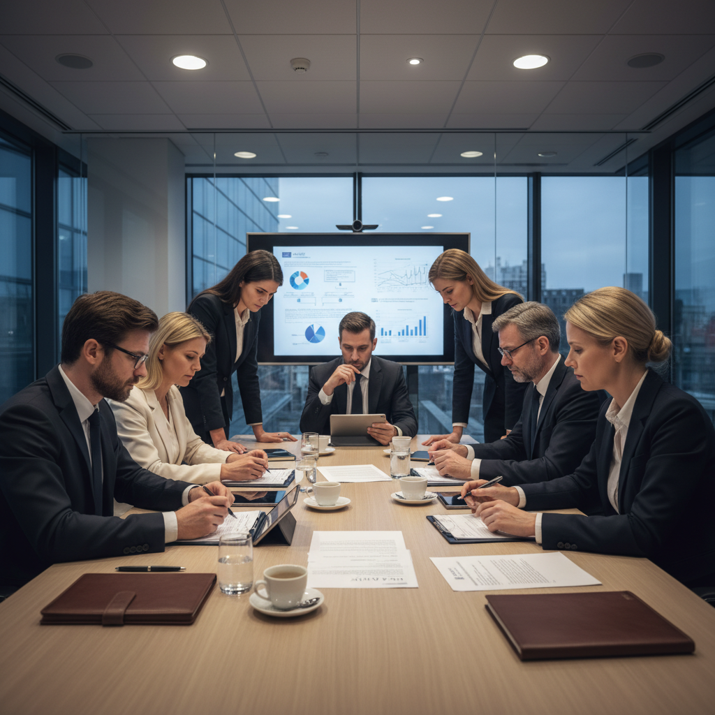 A realistic business meeting scene where diverse European executives are discussing policy documents, looking concerned and serious. The atmosphere is formal, depicting a discussion about the impact of the EU AI Act on their companies. Style: professional photography. No text.