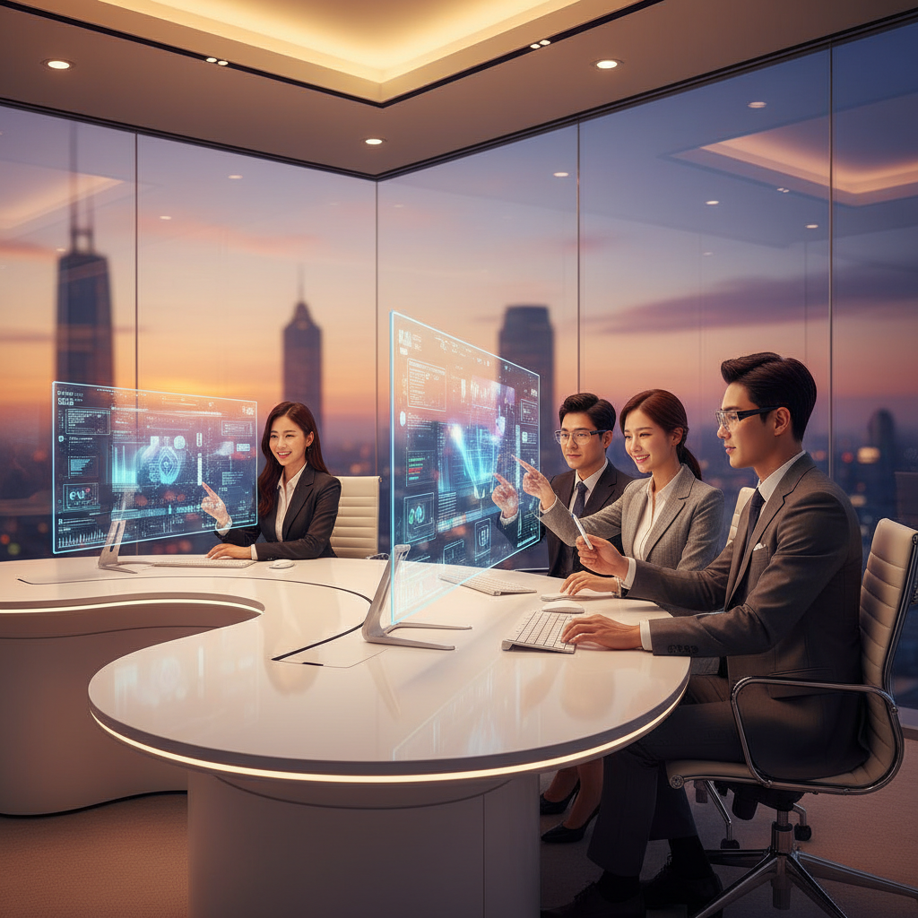 Professional office environment with Korean businesspeople using AI technology on modern computers, holographic interface elements, warm corporate lighting, contemporary workspace with glass walls, lifestyle photography style, no text, vibrant colored background