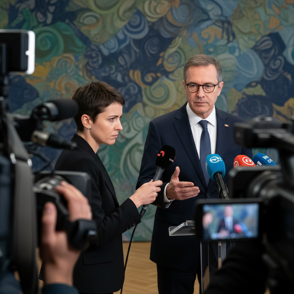 A journalist, with a microphone in hand, questioning a political figure in a press conference setting. The atmosphere is tense but professional, with several cameras and microphones visible. Background shows blurred official banners. Style: journalistic photography, bright and balanced lighting, textured background. No visible text in image.