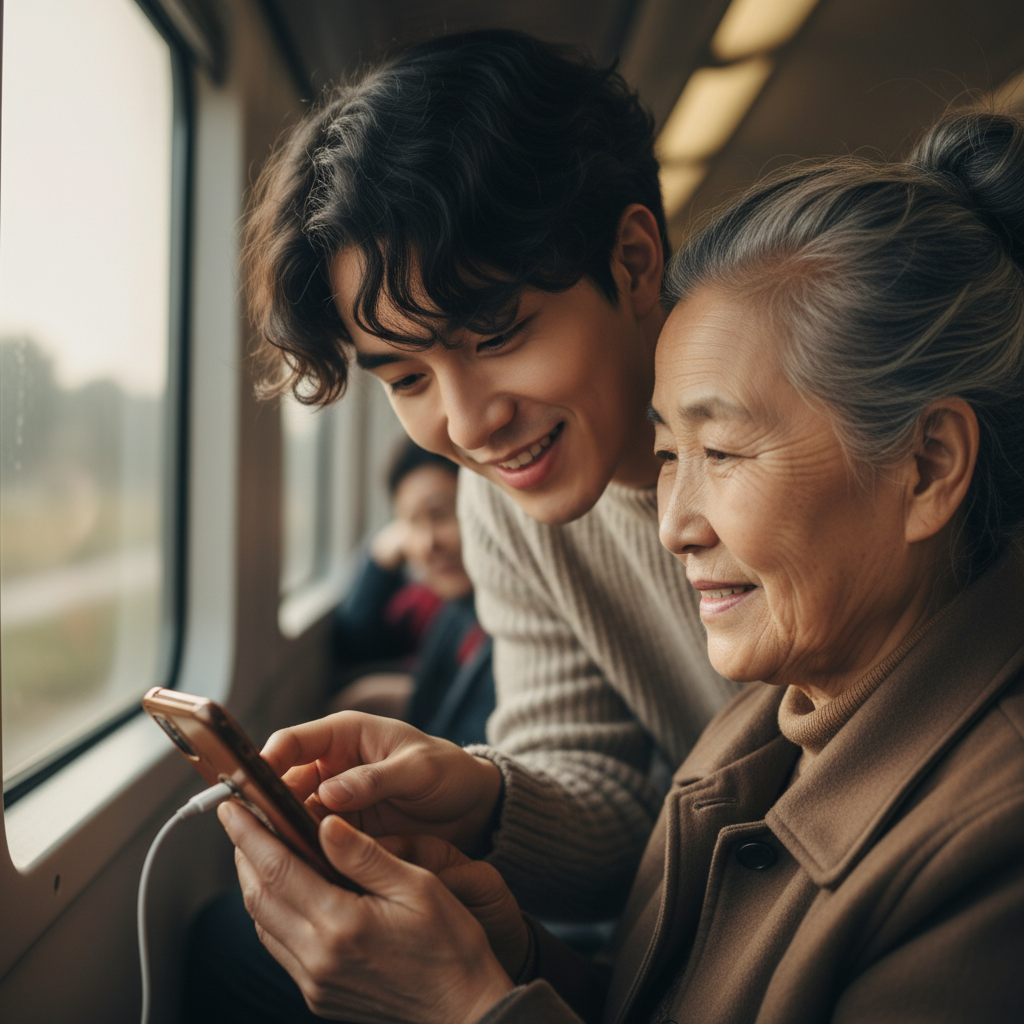 A warm, close-up shot of a Korean traveler gently helping an elderly Chinese woman plug a USB-C cable into her dying phone on a train. The two are sharing a gentle smile, conveying connection despite language barriers. Natural lighting, focus on hands and faces. Style: lifestyle photography. No text.