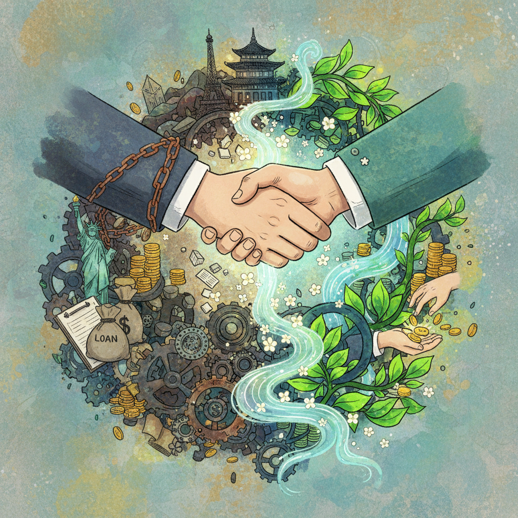 An illustration depicting hands shaking over a complex structure of global finance and climate aid, symbolizing a shift from loan-driven obligations to grant-based finance and fair partnerships. Style: illustration, artistic rendering, textured background, no visible text in image, no korean characters, centered focus, Korean appearance hands.