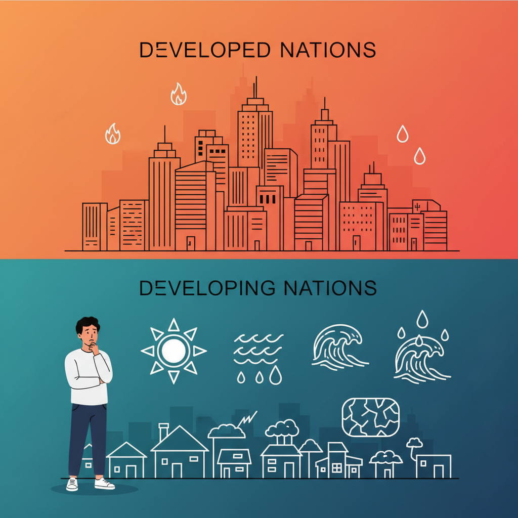 An infographic showing the disparity of climate change impact on developing nations, with symbols representing heat, floods, and drought. The style is clean infographic, modern layout, high contrast, colored background, no visible text in image, no korean characters, centered focus, Korean appearance person looking concerned.