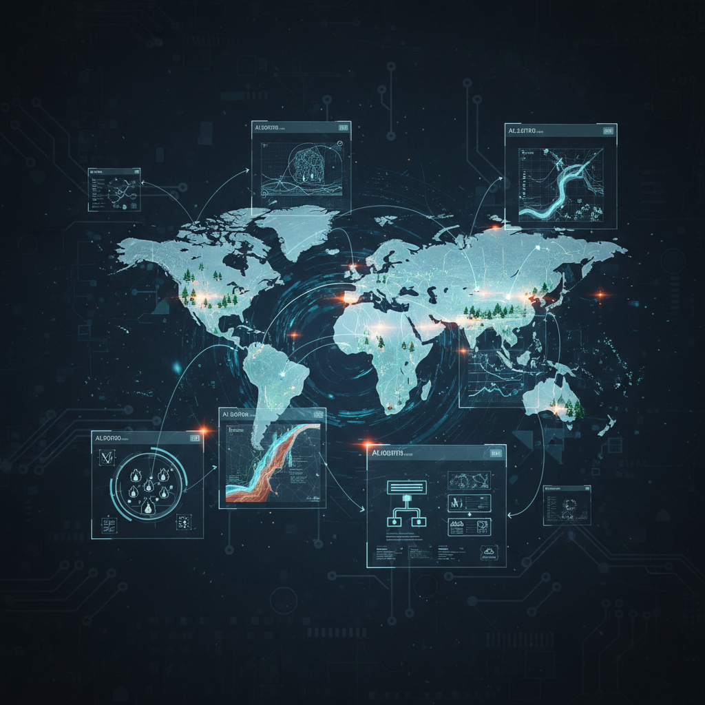 A complex yet clean infographic showing a global map with weather patterns and data points, intersected by digital AI interfaces predicting climate events like floods and wildfires. Emphasize data flow and analytical power. Modern, high contrast, textured background. No visible text.