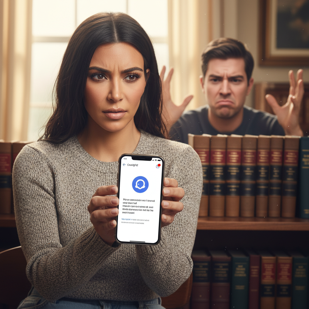 Kim Kardashian looking perplexed while holding a phone displaying a ChatGPT interface. The background shows legal books and a frustrated expression, illustrating the "frenemy" relationship. Style: lifestyle photography. No text.