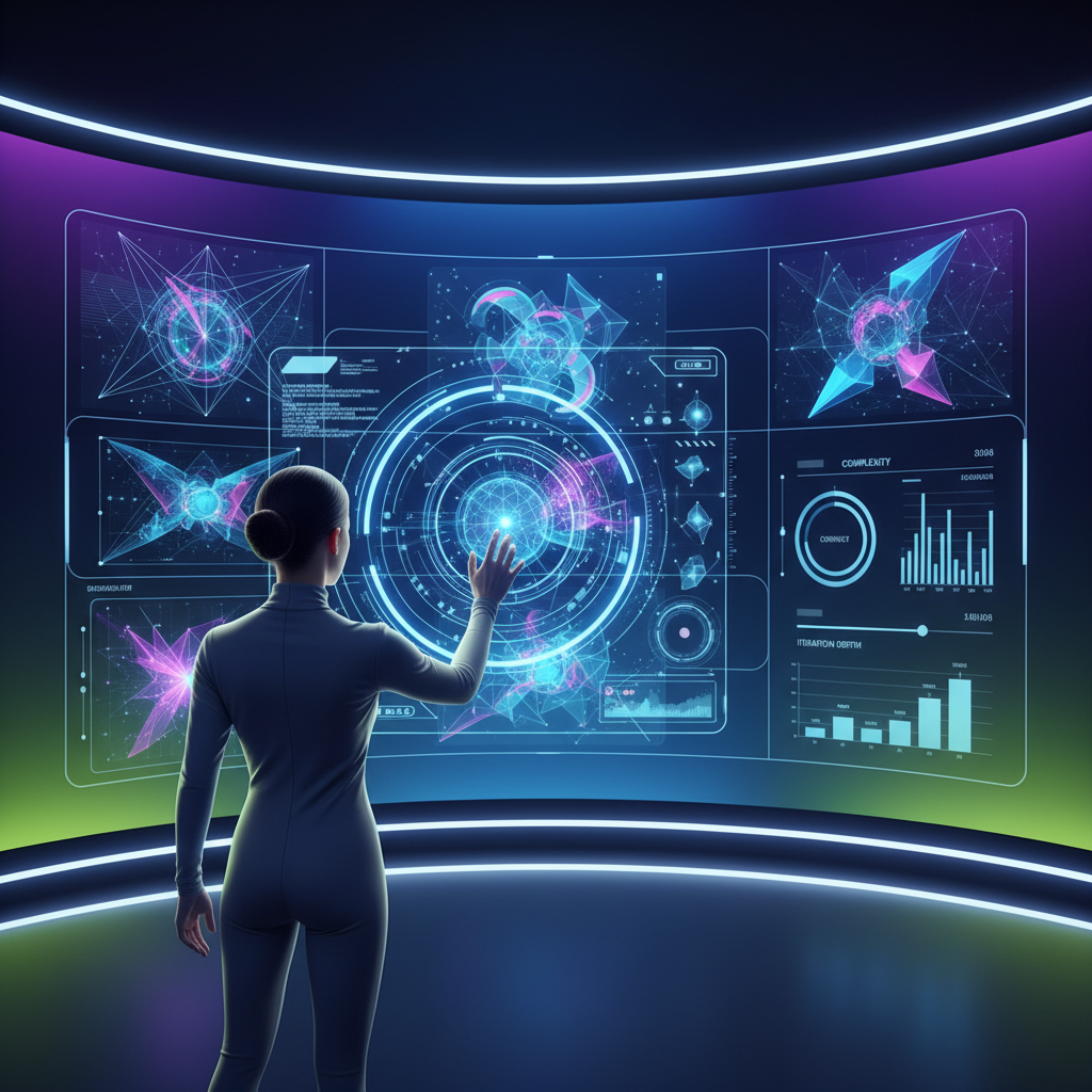 A futuristic, sleek studio environment with a digital art display showing intricate, high-resolution AI-generated images. A designer is interacting with a holographic interface, demonstrating advanced control over image parameters. Style: clean infographic, modern layout, high contrast. Colored background, no text.
