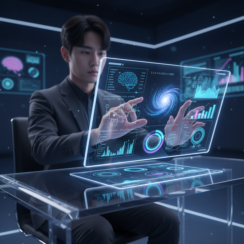 A Korean person creating a complex infographic using a futuristic tablet, with realistic AI-generated images appearing on the screen. The infographic contains various elements like charts and text, but all text should be gibberish or symbols, not readable English or Korean. Clean infographic, modern layout, high contrast, technology innovation. No visible text.