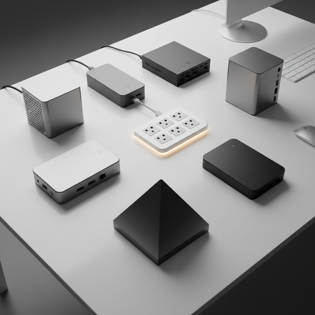 An overhead view of several sleek, compact mini PCs of various designs arranged on a modern, clean desk surface. Subtle tech elements like ports and vents are visible, emphasizing choice and functionality. Bright, balanced studio lighting. No text.