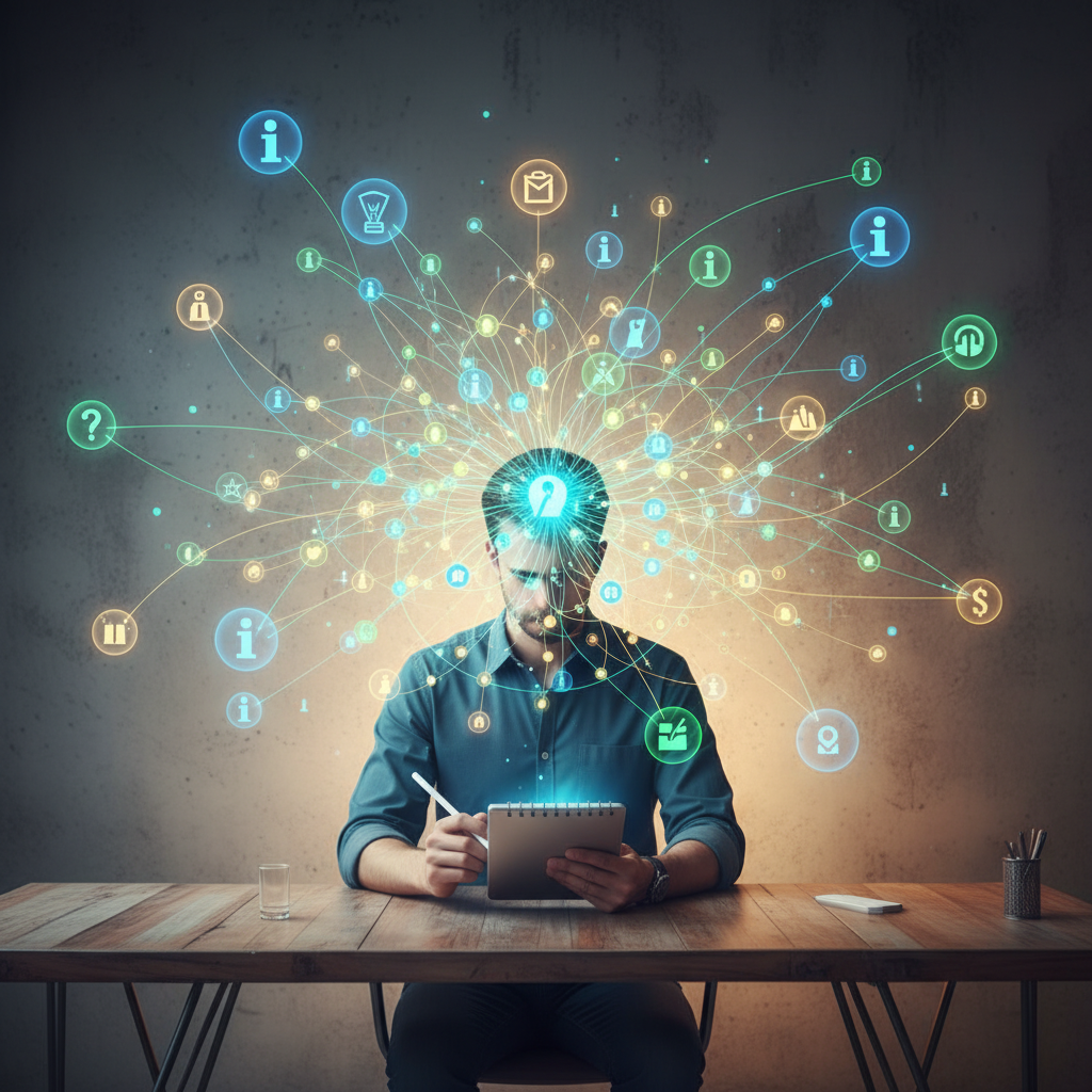 clean infographic, modern layout, high contrast. A person sitting at a desk, surrounded by glowing information nodes and interconnected knowledge graphs, using a digital notebook, symbolizing the building of a personal knowledge base. Soft, warm lighting, textured background, no text.