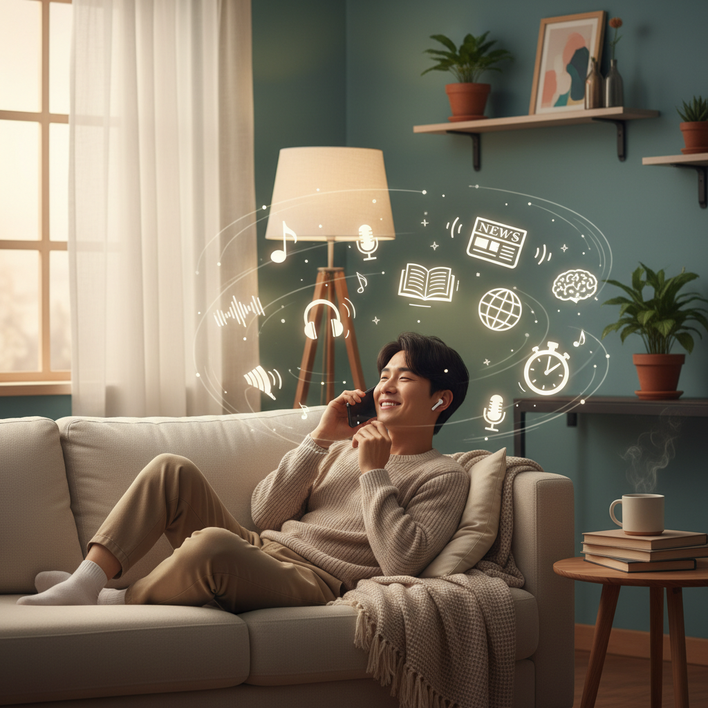 A person happily listening to a podcast on their smartphone, surrounded by floating icons representing diverse podcast topics like music, news, and stories. The scene is cozy and personalized, with warm lighting and a modern, clean design. Korean appearance, natural expression. No visible text.