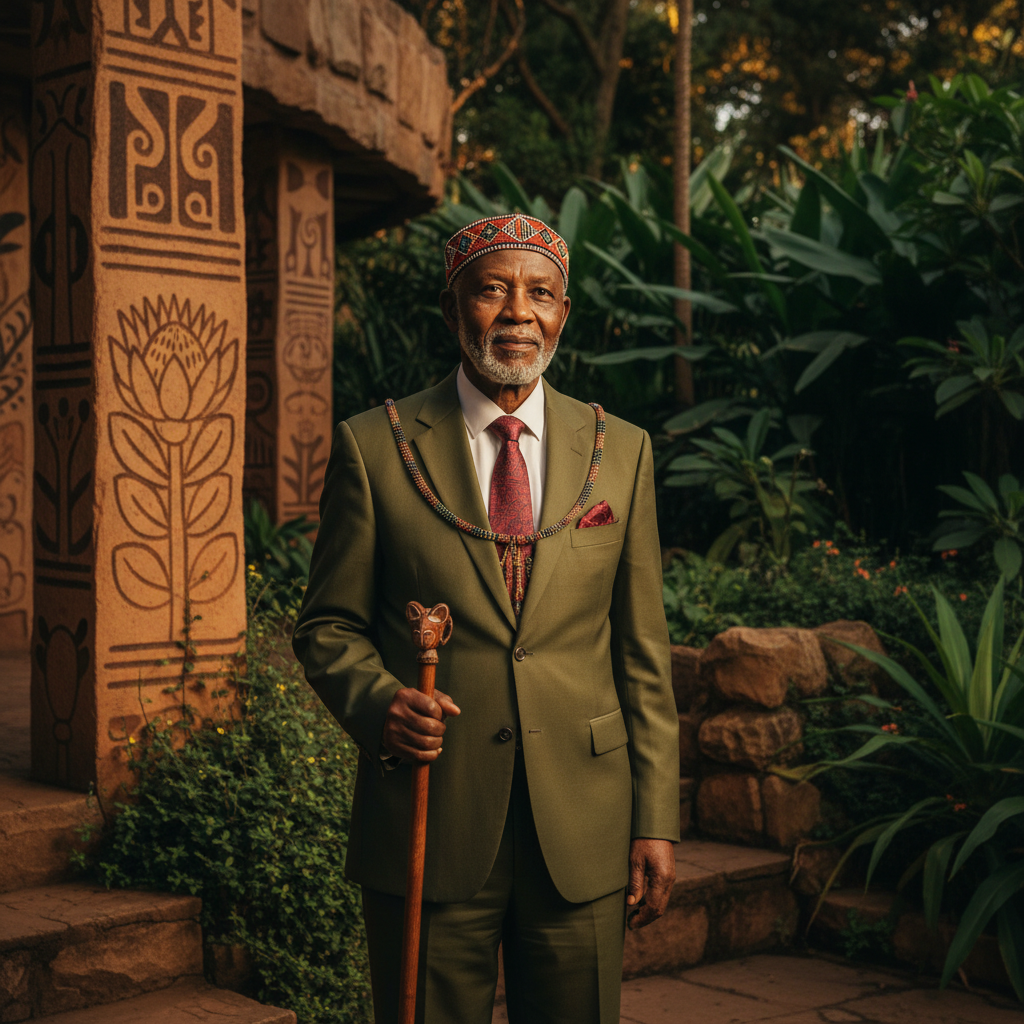 Cinematic scene depicting a dignified elderly African leader figure in formal attire, warm golden lighting, historical setting with South African cultural elements, inspirational atmosphere, rich earth tones and deep green background, dramatic portrait photography style, no text