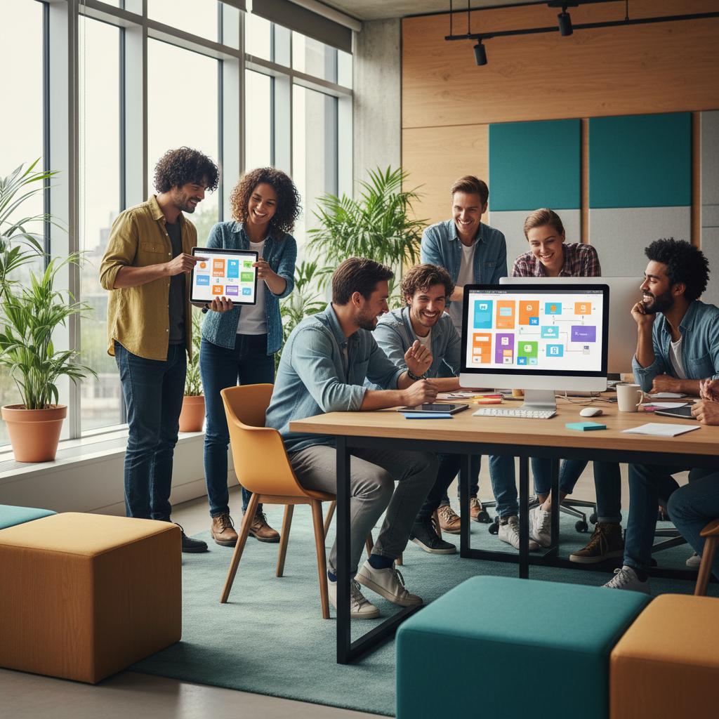 Diverse group of non-technical users creating apps on tablets and computers, collaborative workspace with colorful app prototypes displayed on screens, bright modern office environment with natural daylight, energetic creative atmosphere, lifestyle photography style, warm tones with teal accents, no text