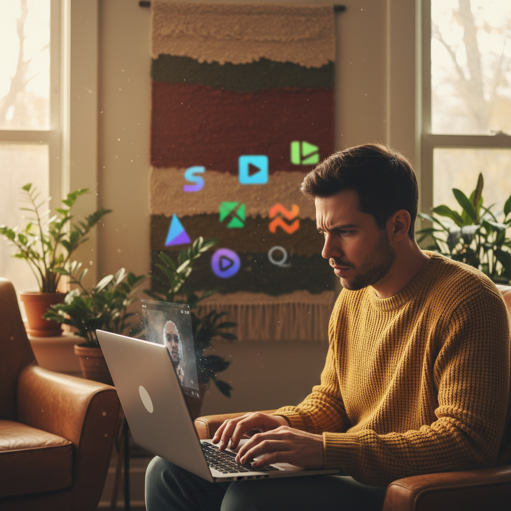 A frustrated person sitting in front of a modern laptop, looking at a frozen video screen, with various alternative software icons subtly visible in the background. Style: lifestyle photography, warm lighting, natural setting, textured background. No visible text in image. No Korean characters.