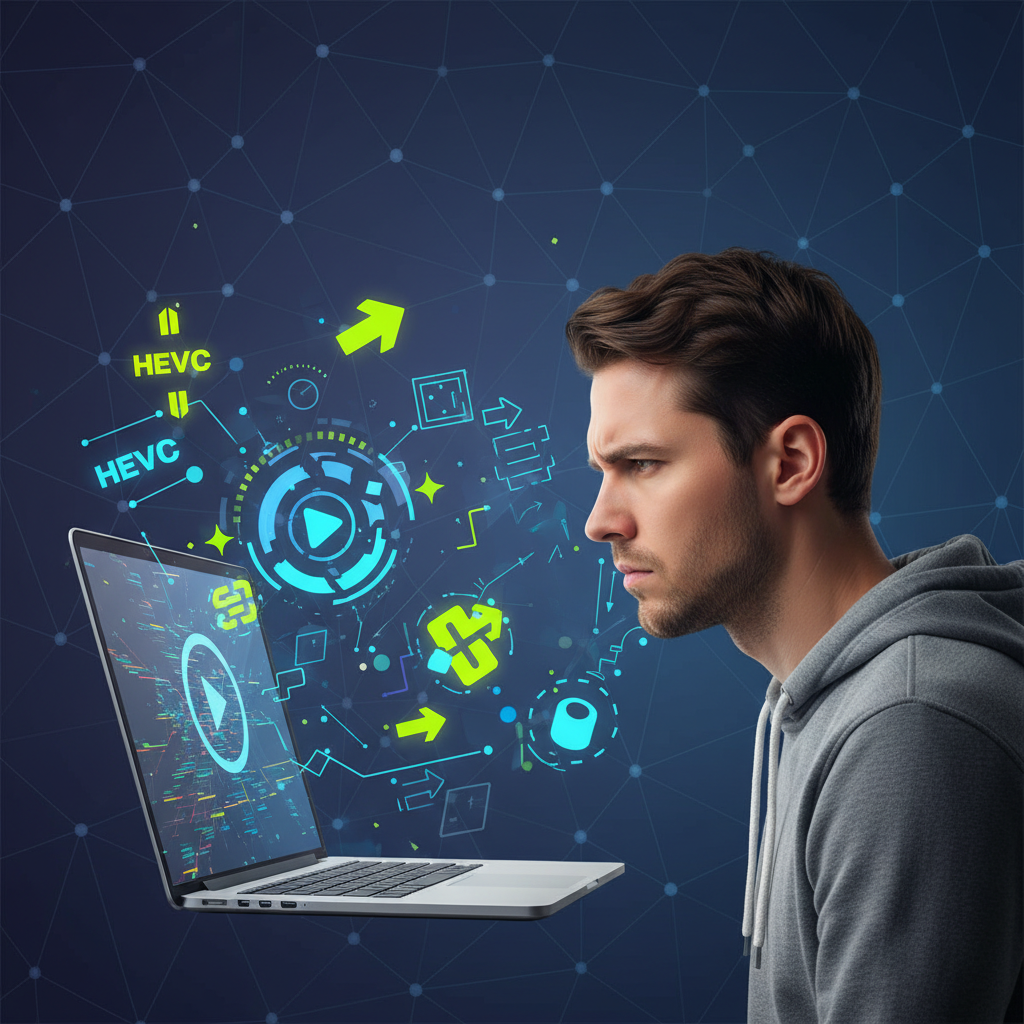 A person looking puzzled at a laptop screen showing a buffering video, with abstract HEVC codec symbols floating around. Style: modern infographic, high contrast, bright balanced lighting, textured background. No visible text in image. No Korean characters.