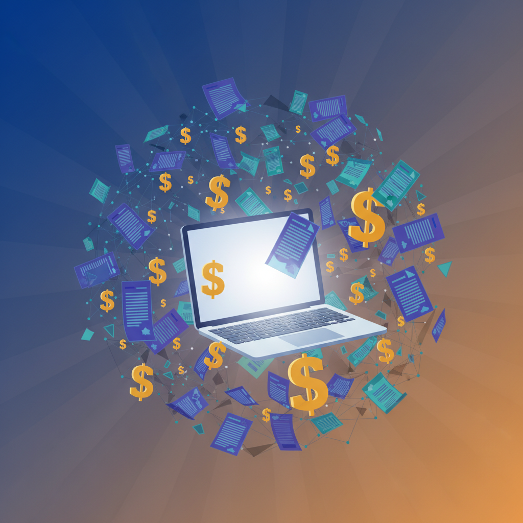 A conceptual image showing a laptop with dollar signs and complex licensing documents floating around it, representing increased costs. Style: clean infographic, modern layout, high contrast, gradient background. No visible text in image. No Korean characters.